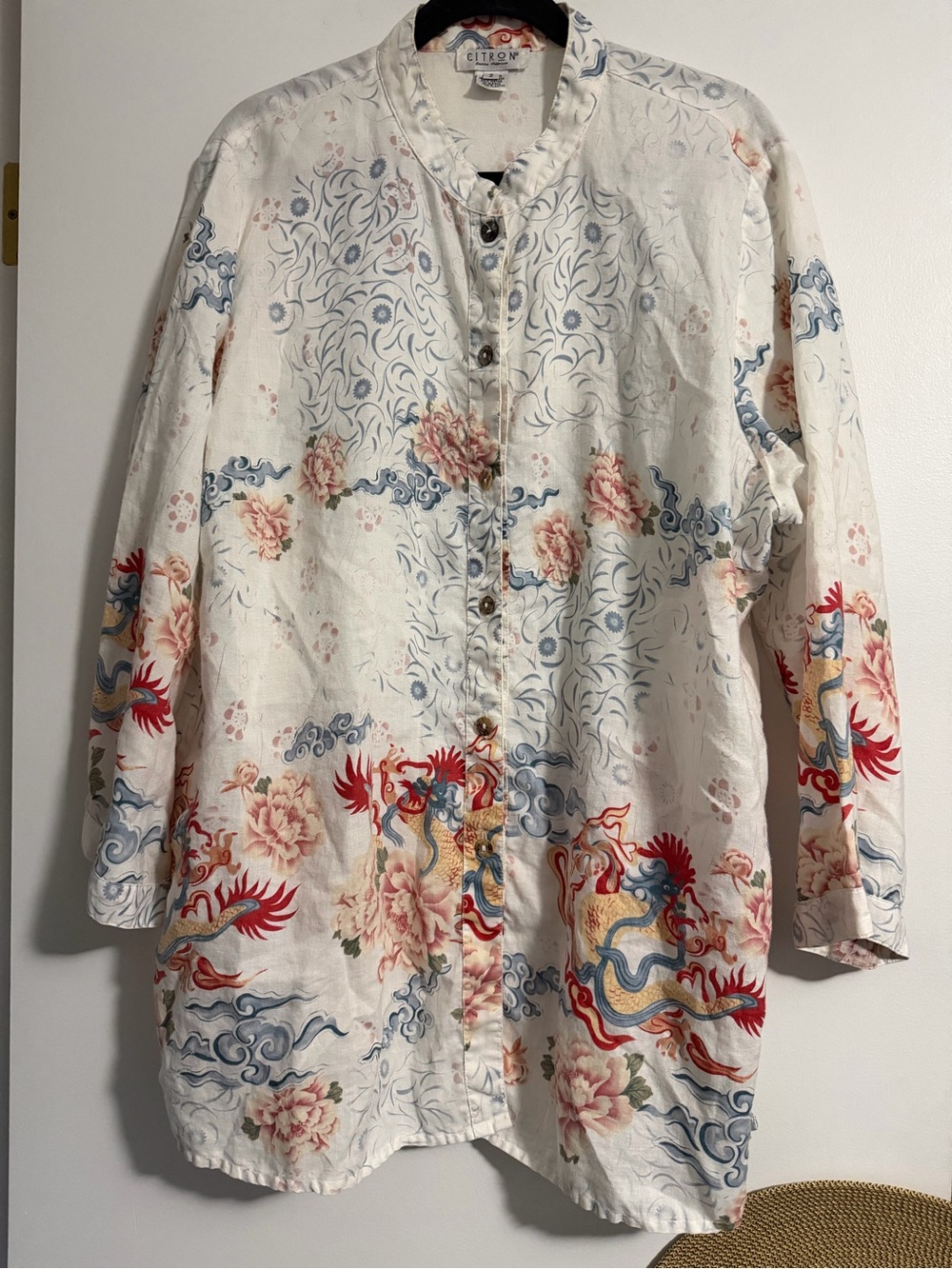 Citron Santa Monica White LINEN Button-Front Dragon & Floral TUNIC TOP 2x EUC